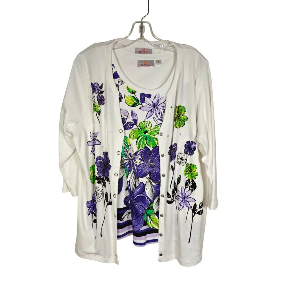 Vtg Quacker Factory Twin Set White Floral Tank Top Cardigan Set Size Large
